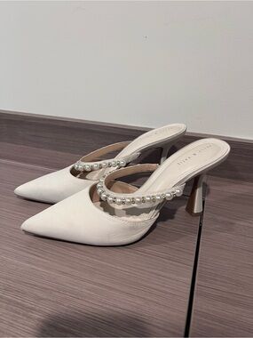 Kelly & Katie White Pointed-Toe Mules with Pearl Strap